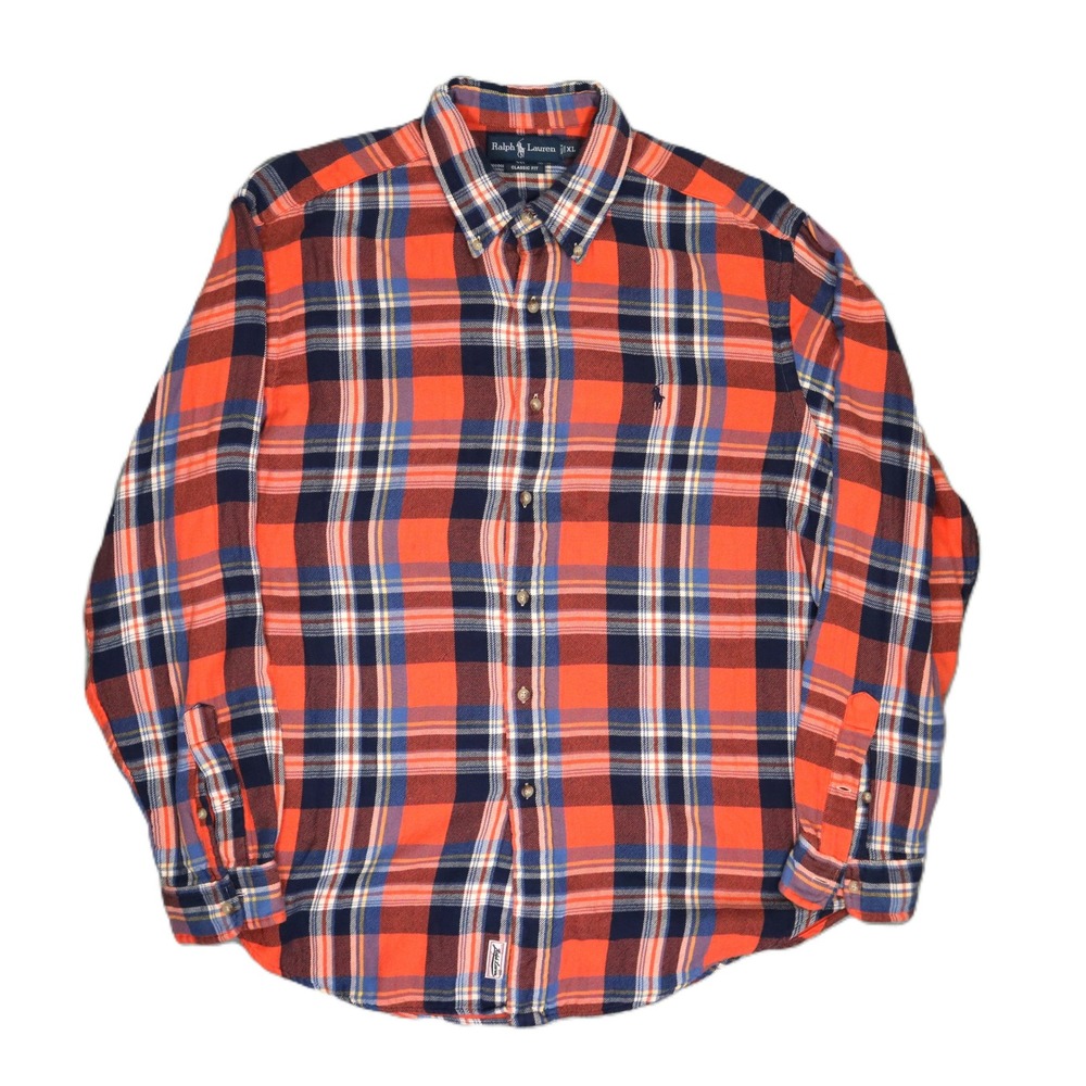 Vintage Ralph Lauren Classic Fit Lined Flannel Red Navy Blue Plaid Shirt Mens XL